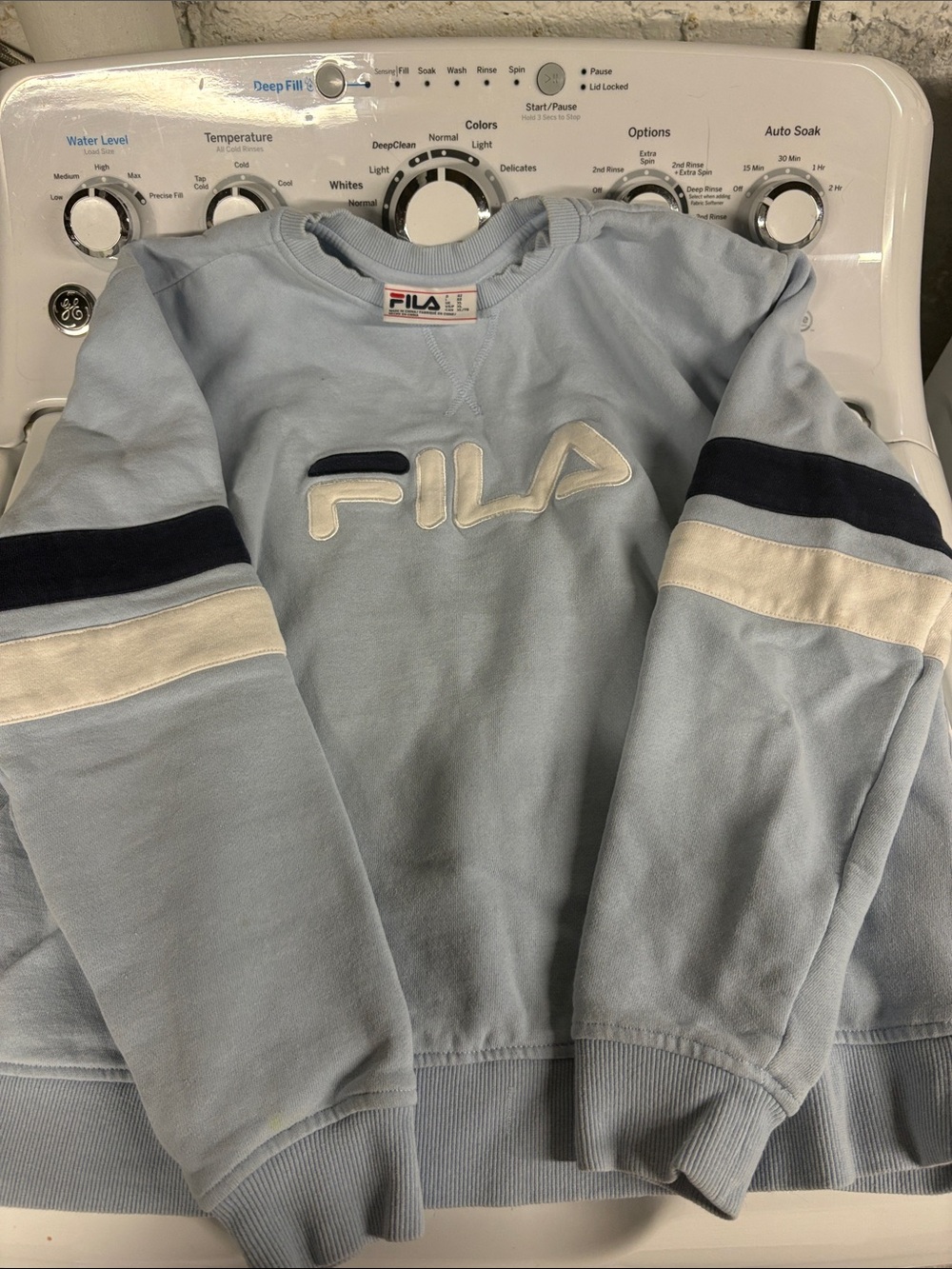 Fila Light Blue Crewneck Sweater with Navy & White Stripes